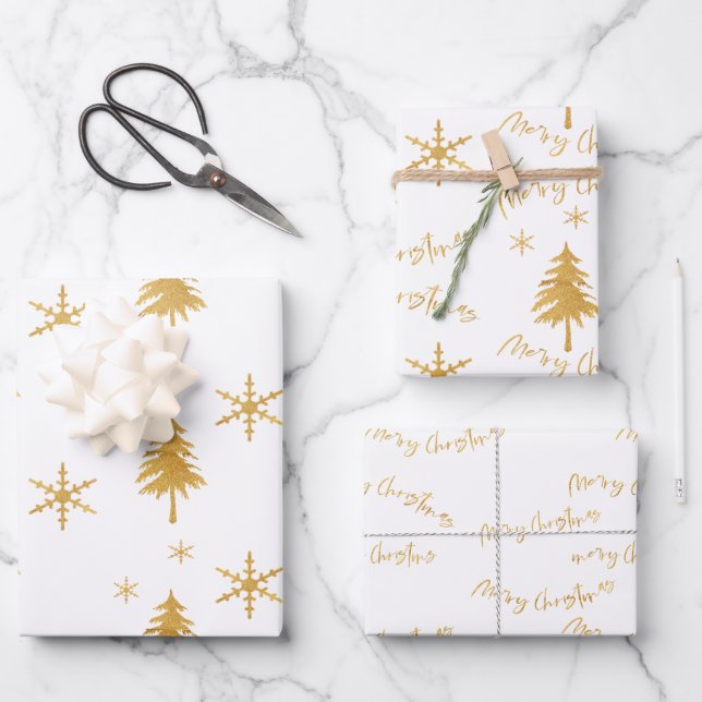 Elegant Faux Gold Christmas Tree Pattern Gift Wrapping Paper Sheet (Front)