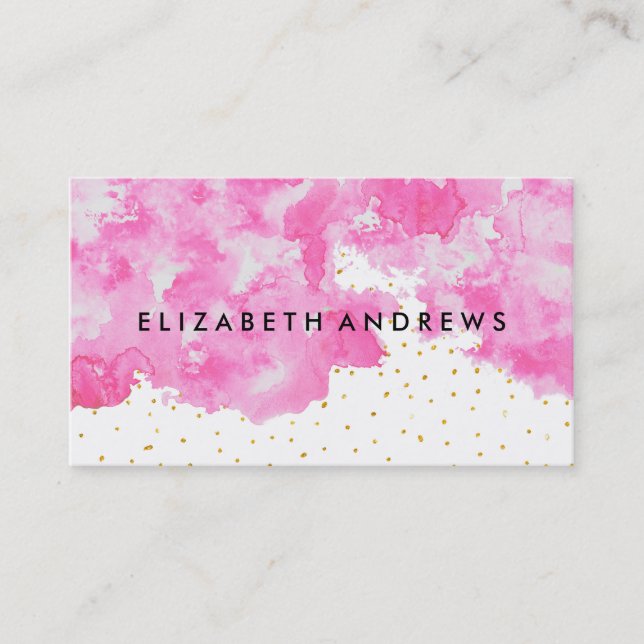 Elegant faux gold confetti pink wash watercolor business card (Front)