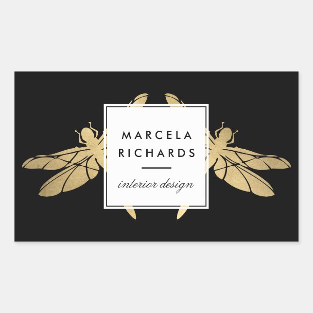 Elegant Faux Gold Dragonfly Duo on Black Rectangular Sticker (Front)