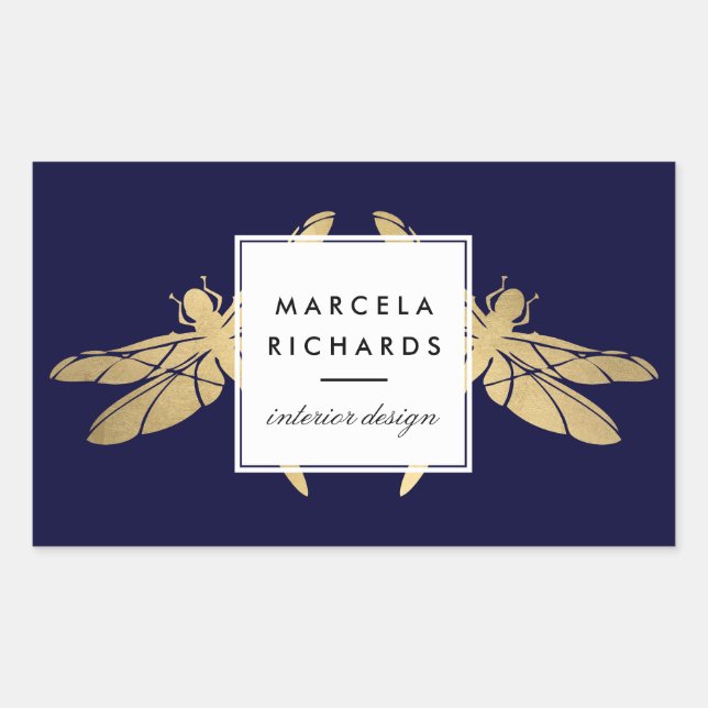 Elegant Faux Gold Dragonfly Duo on Dark Navy Rectangular Sticker (Front)
