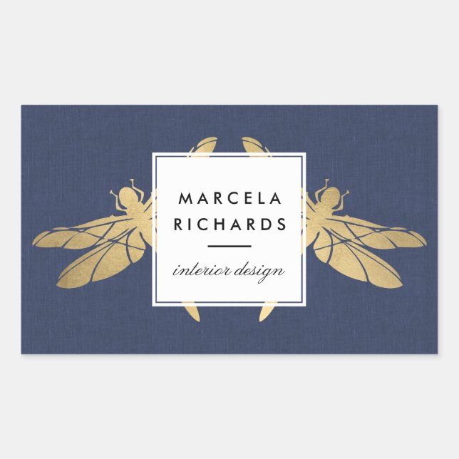 Elegant Faux Gold Dragonfly Duo on Navy Linen Rectangular Sticker (Front)