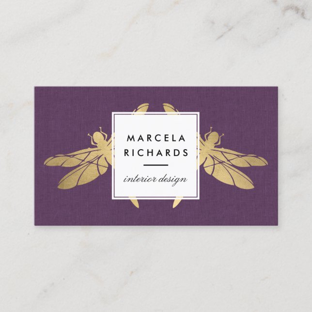 Elegant Faux Gold Dragonfly Duo on Purple Linen Business Card (Front)