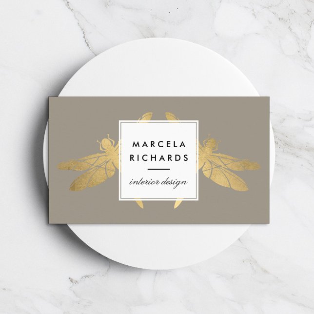 Elegant Faux Gold Dragonfly Duo on Taupe Business Card (Creator Uploaded)