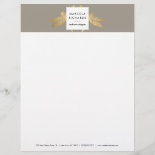 Elegant Faux Gold Dragonfly Duo on Taupe Letterhead Template