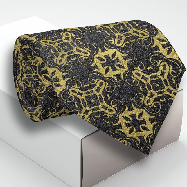 Elegant Faux Gold Foil & Black Glitter Damask Tie (Creator Uploaded)