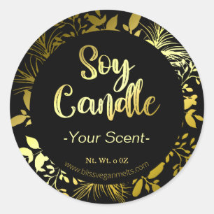 Elegant FAUX Gold Foil Branch Black Soy Wax Candle Classic Round Sticker