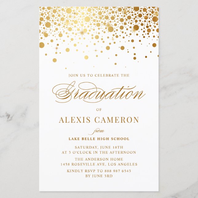 Elegant Faux Gold Foil Confetti Graduation Invite (Front)