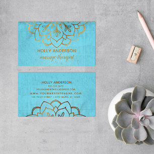 Elegant Faux Gold Foil Mandala w/ Texture & Aqua Business Card
