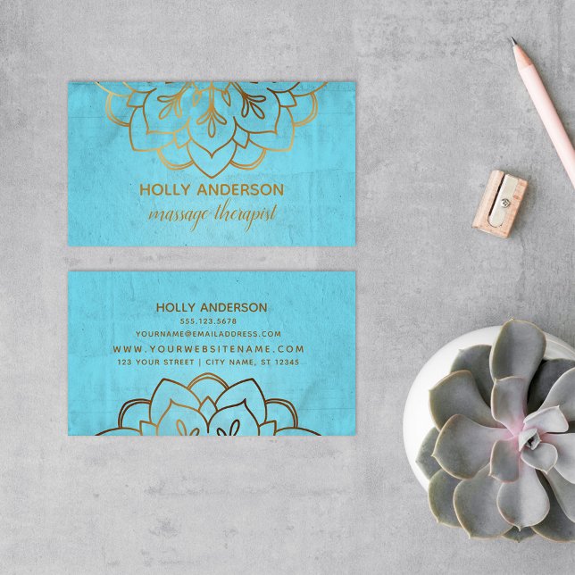 Elegant Faux Gold Foil Mandala w/ Texture & Aqua Business Card (Creator Uploaded)
