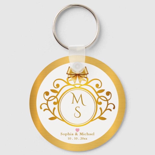 Elegant Faux Gold Foil Monogram Wedding Favour Key Ring (Front)