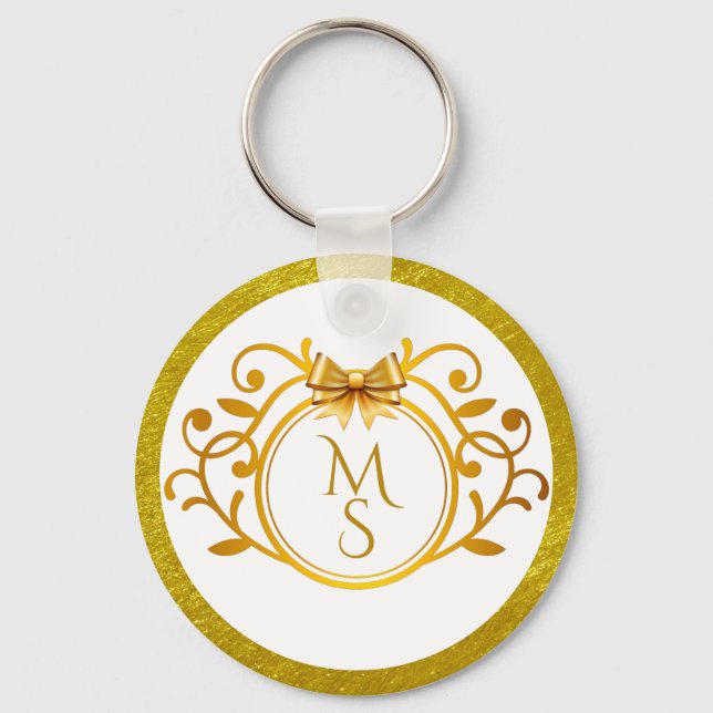 Elegant Faux Gold Foil Monogram Wedding Favour Key Ring (Front)