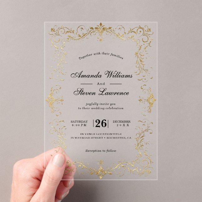 Elegant faux gold frame calligraphy wedding acrylic invitations (Insitu (Handheld))