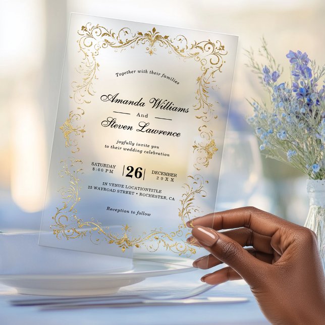 Elegant Faux Gold Frame Calligraphy Wedding Acrylic Invitations (Creator Uploaded)