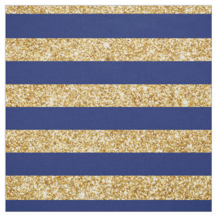 Elegant Faux Gold Glitter and Blue Stripe Pattern Fabric