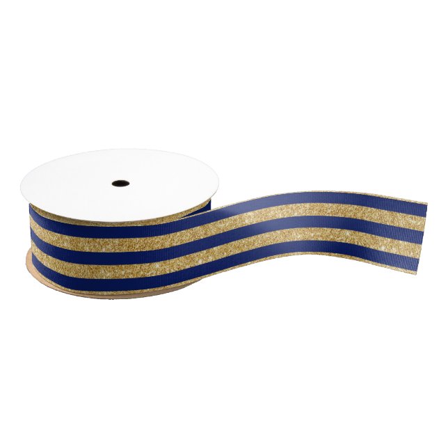 Elegant Faux Gold Glitter and Blue Stripe Pattern Grosgrain Ribbon (Spool)