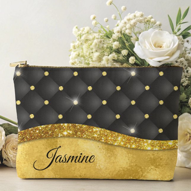 Elegant faux Gold glitter black diamond monogram Accessory Pouch (Creator Uploaded)