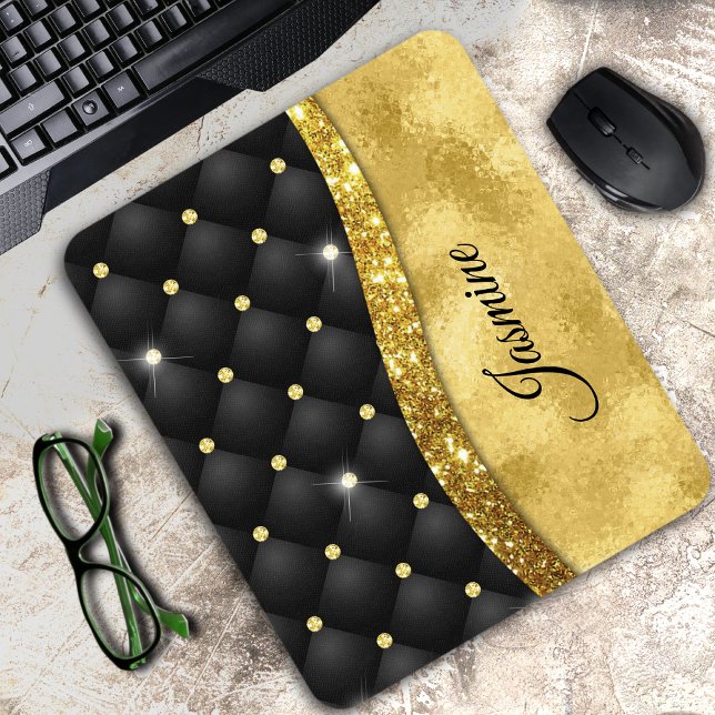 Elegant faux Gold glitter black diamond monogram Mouse Pad (Creator Uploaded)