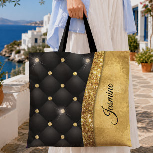 Elegant faux Gold glitter black diamond monogram Tote Bag