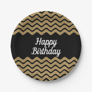 Elegant Faux Gold Glitter Black Stripes Birthday Paper Plate