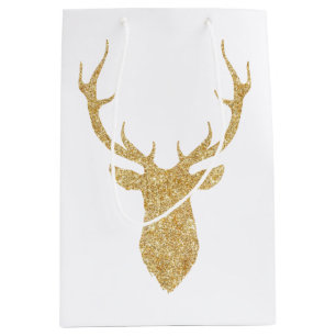 Elegant Faux Gold Glitter Christmas Deer Medium Gift Bag