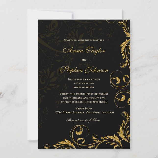 Elegant Faux Gold Glitter Floral Swirls Invitation (Front)