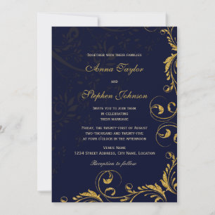 Elegant Faux Gold Glitter Floral Swirls Navy Blue Invitation