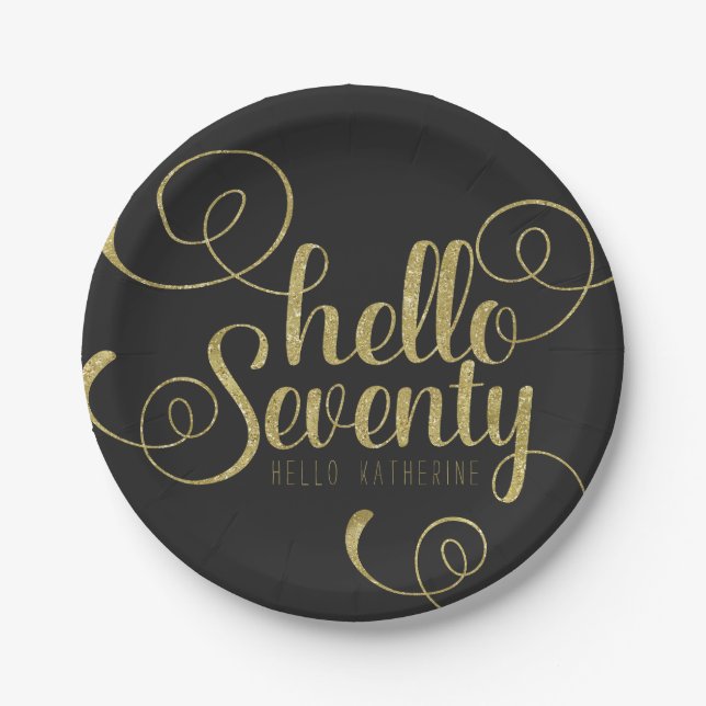 Elegant Faux Gold Glitter Hello Seventy Plates (Front)