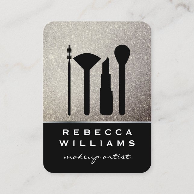 Elegant Faux Gold Glitter Makeup Set / Black Business Card (Front)
