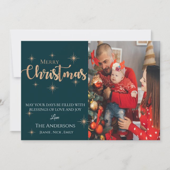 Elegant | Faux Gold Glitter Script Merry Christmas Holiday Card (Front)
