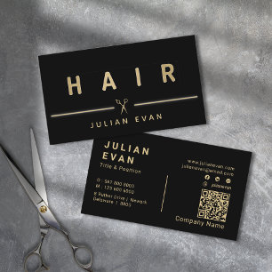 Elegant Faux Gold Hair Scissors Hair Stylist Black Business Card