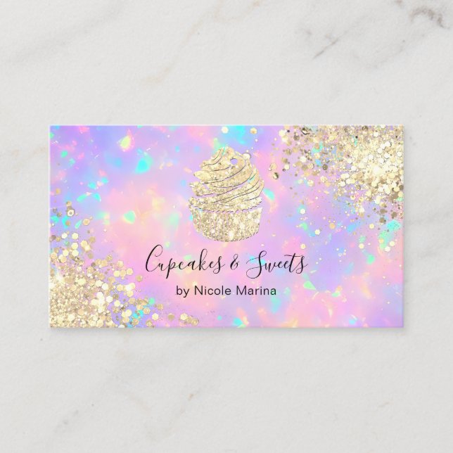 Elegant Faux Gold Holographic Cupcake Sweets Business Card (Front)