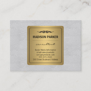 Elegant Faux Gold Label White Leather Business Card