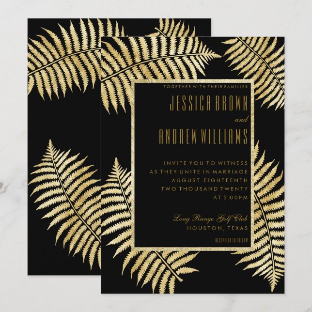 Elegant Faux Gold Leaf Bracken Wedding Invitation (Front/Back)