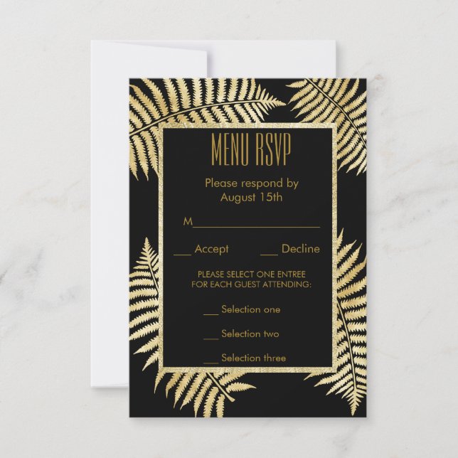 Elegant Faux Gold Leaf Bracken Wedding Menu RSVP (Front)