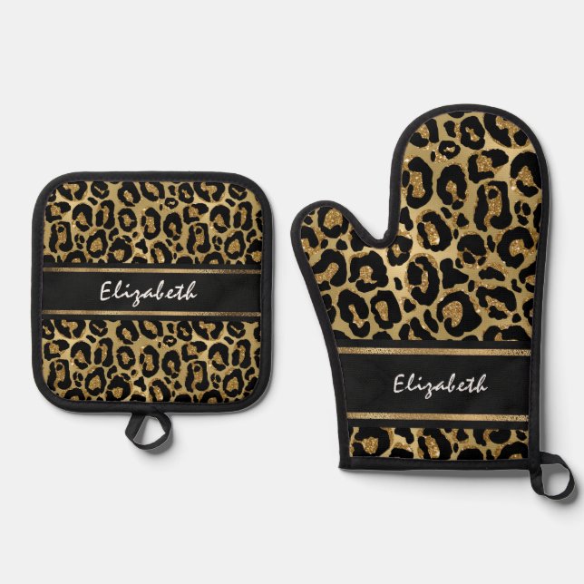 Elegant Faux Gold Leopard Animal Print Custom Oven Mitt & Pot Holder Set (Front)