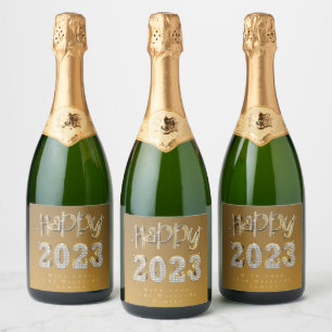 Elegant Faux Gold Lettering Happy New Year 2023 Sparkling Wine Label
