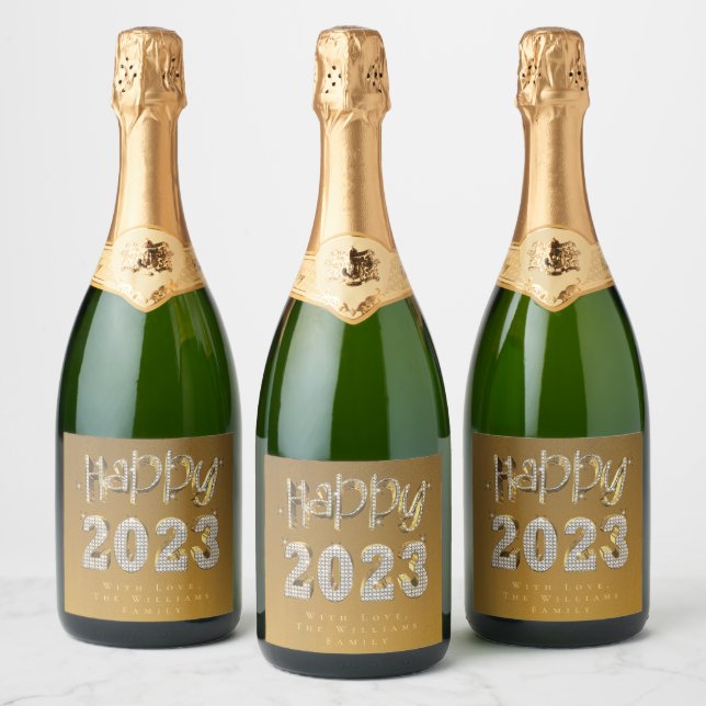 Elegant Faux Gold Lettering Happy New Year 2023 Sparkling Wine Label (Bottles)