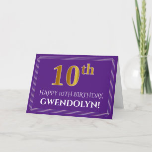 Elegant Faux Gold Look 10th Birthday, Name; Purple Card