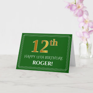 Elegant Faux Gold Look 12th Birthday, Name (Green) Card