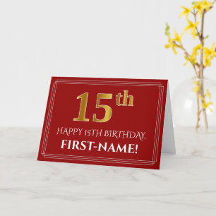 Elegant Faux Gold Look "15th" Birthday, Name (Red) Card