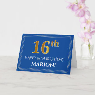 Elegant Faux Gold Look 16th Birthday, Name (Blue) Card