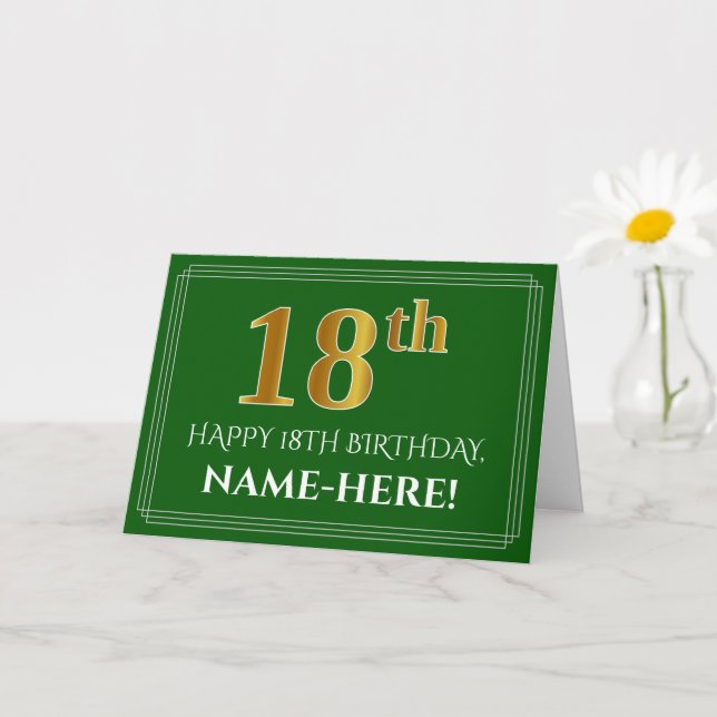 Elegant Faux Gold Look 18th Birthday, Name (Green) Card (Small Plant)