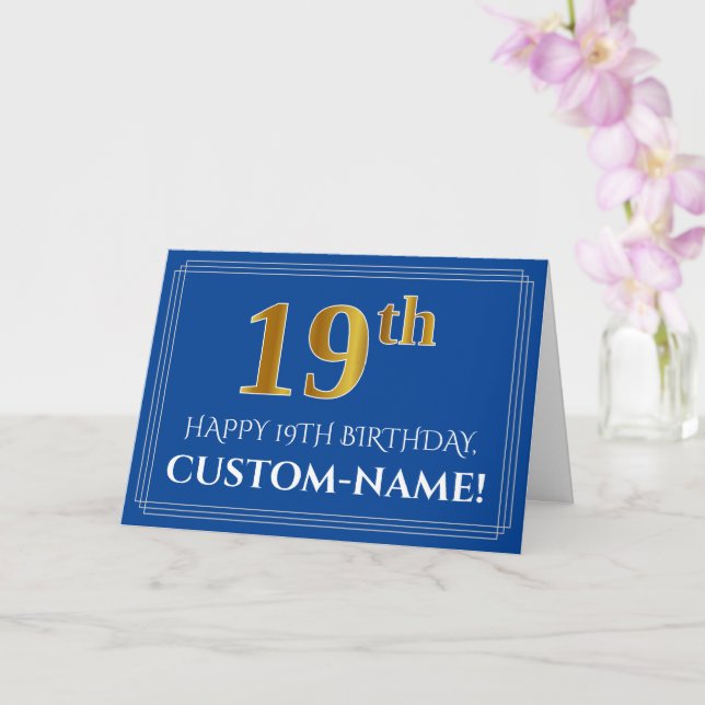 Elegant Faux Gold Look 19th Birthday, Name (Blue) Card (Orchid)