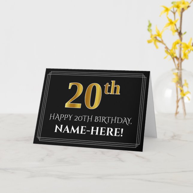 Elegant Faux Gold Look "20th" Birthday + Name Card (Yellow Flower)