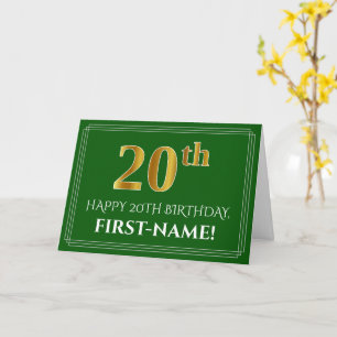 Elegant Faux Gold Look 20th Birthday, Name (Green) Card