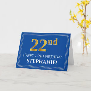 Elegant Faux Gold Look 22nd Birthday, Name (Blue) Card