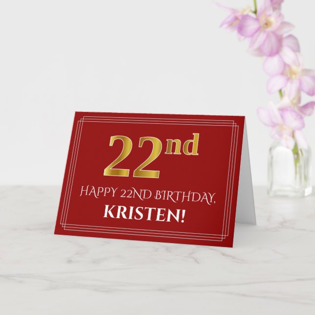Elegant Faux Gold Look "22nd" Birthday, Name (Red) Card (Orchid)