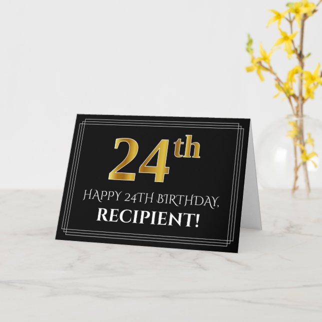 Elegant Faux Gold Look "24th" Birthday + Name Card (Yellow Flower)