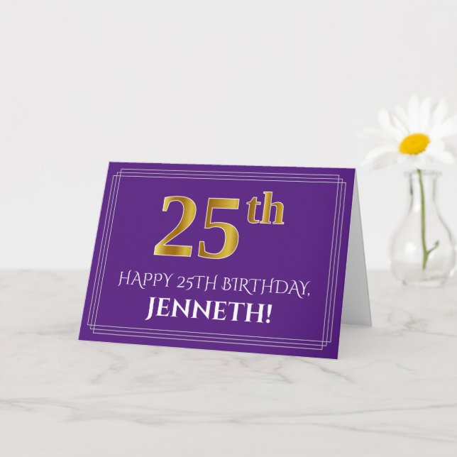 Elegant Faux Gold Look 25th Birthday, Name; Purple Card (Small Plant)