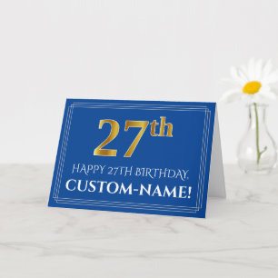 Elegant Faux Gold Look 27th Birthday, Name (Blue) Card